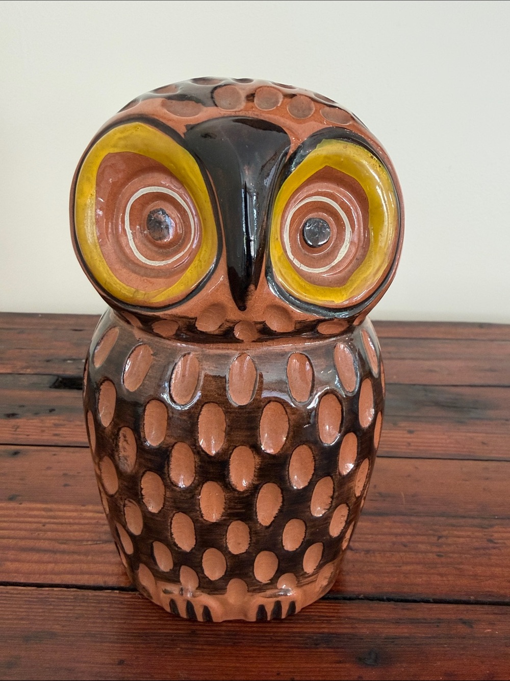 Vintage 1070’s Ceramic Owl Bank in Brown and Yellow - Home Art